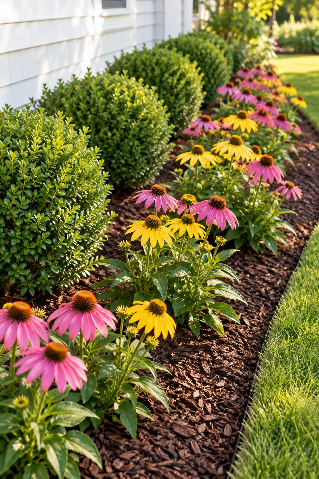 A black soaker hose winding around the base of a shrub in dark mulch.