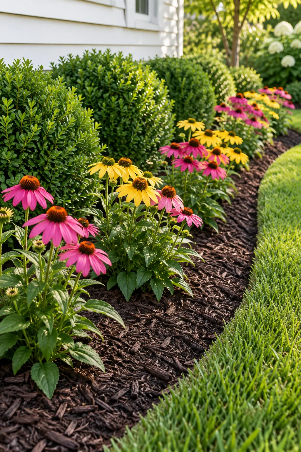 Pink and yellow coneflowers planted in an alternating zig-zag pattern.