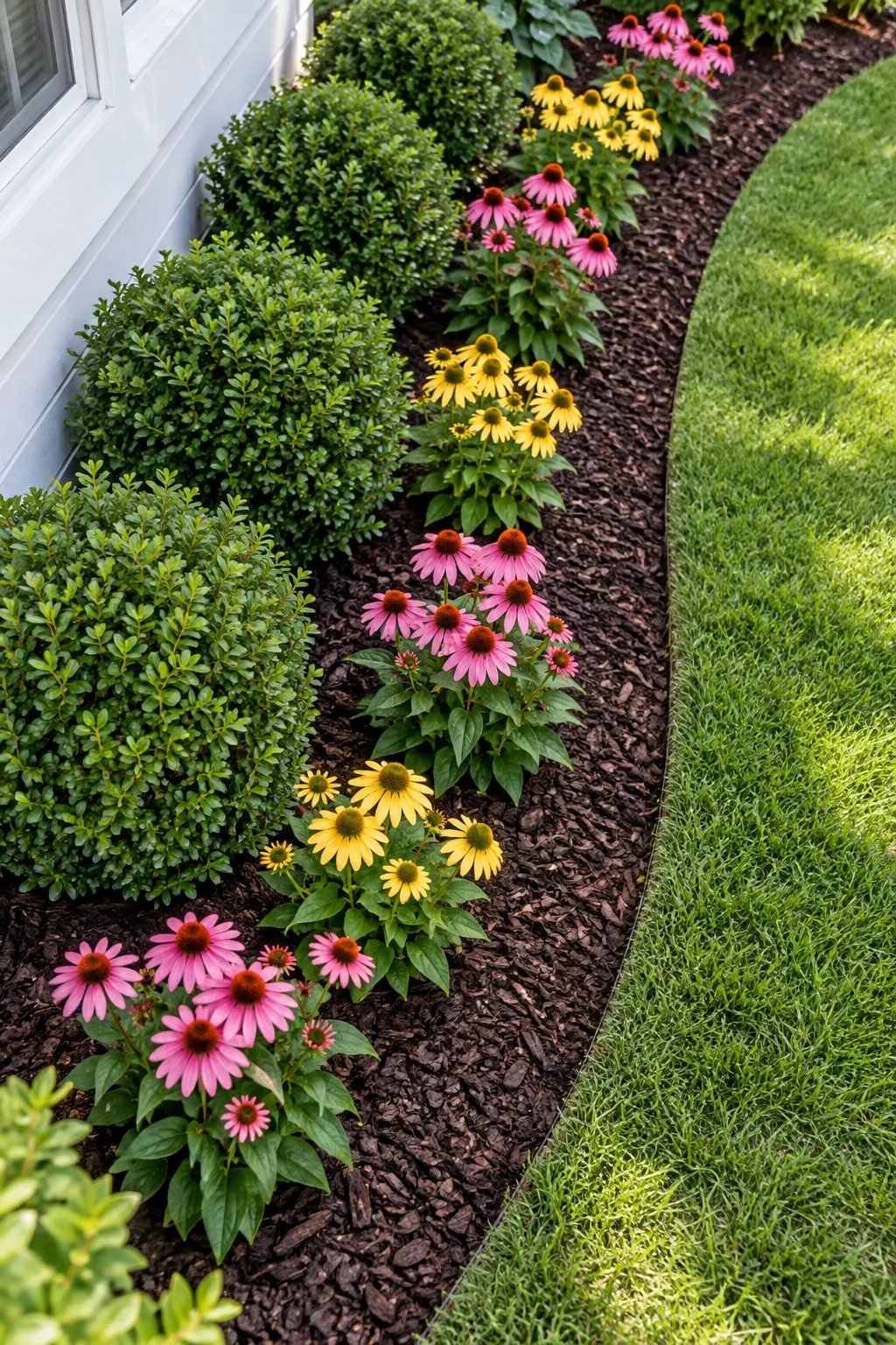 A sharp vertical cut in the soil separating a green lawn from a mulched flower bed.