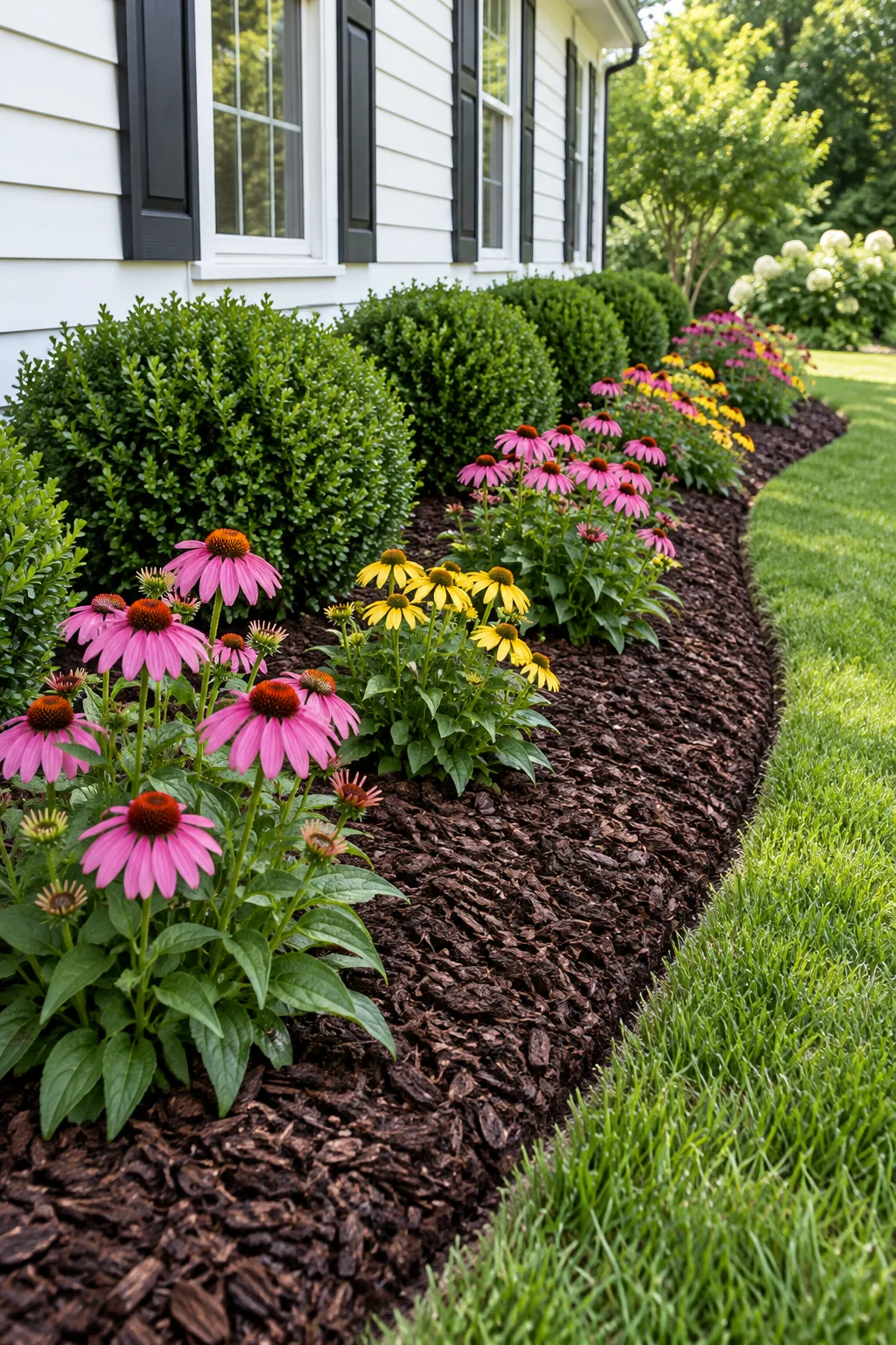 Dark brown shredded bark mulch surrounding bright pink flowers.