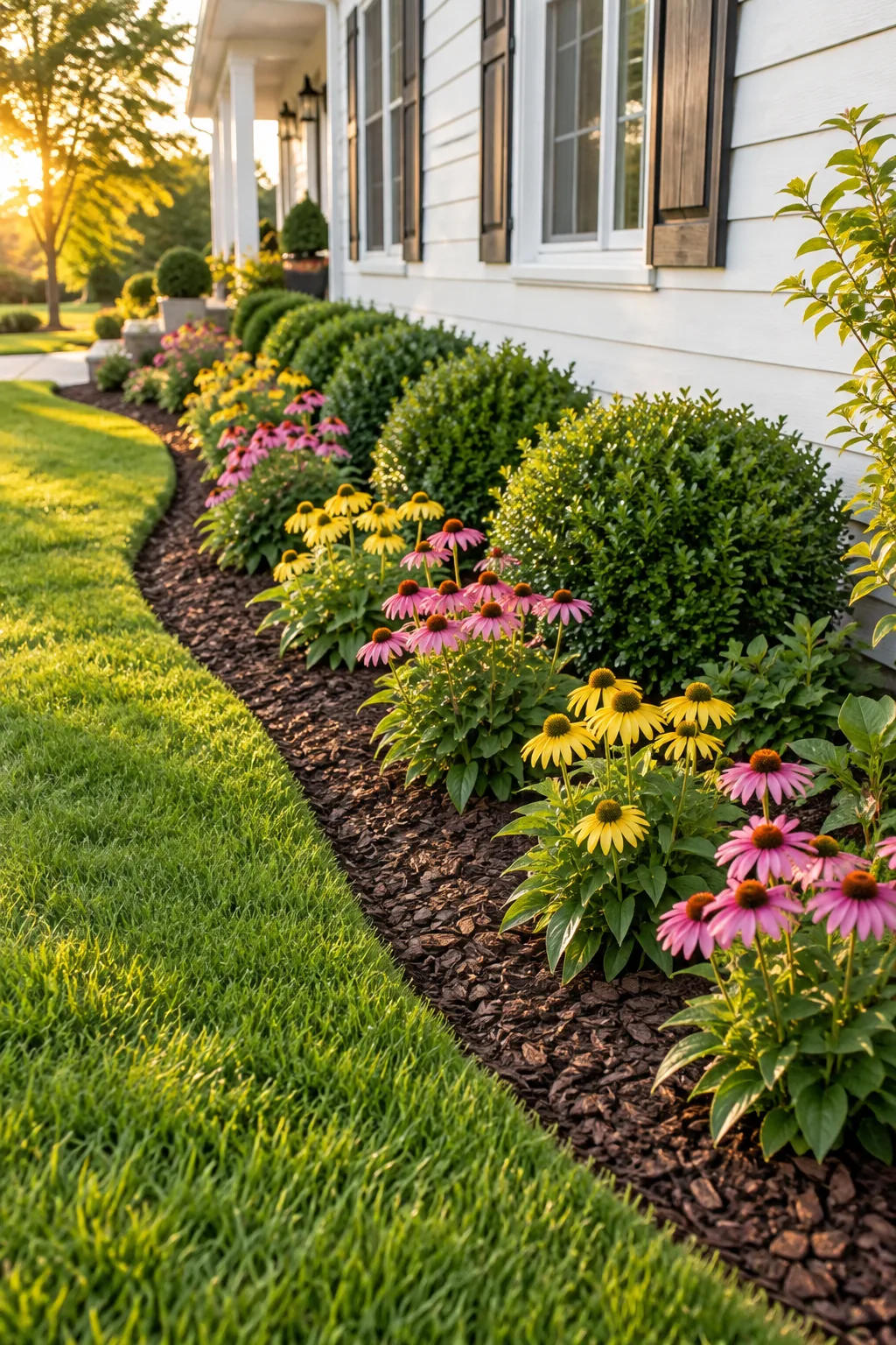 A complete, perfectly layered front yard flower bed with shrubs, flowers, and a clean edge.