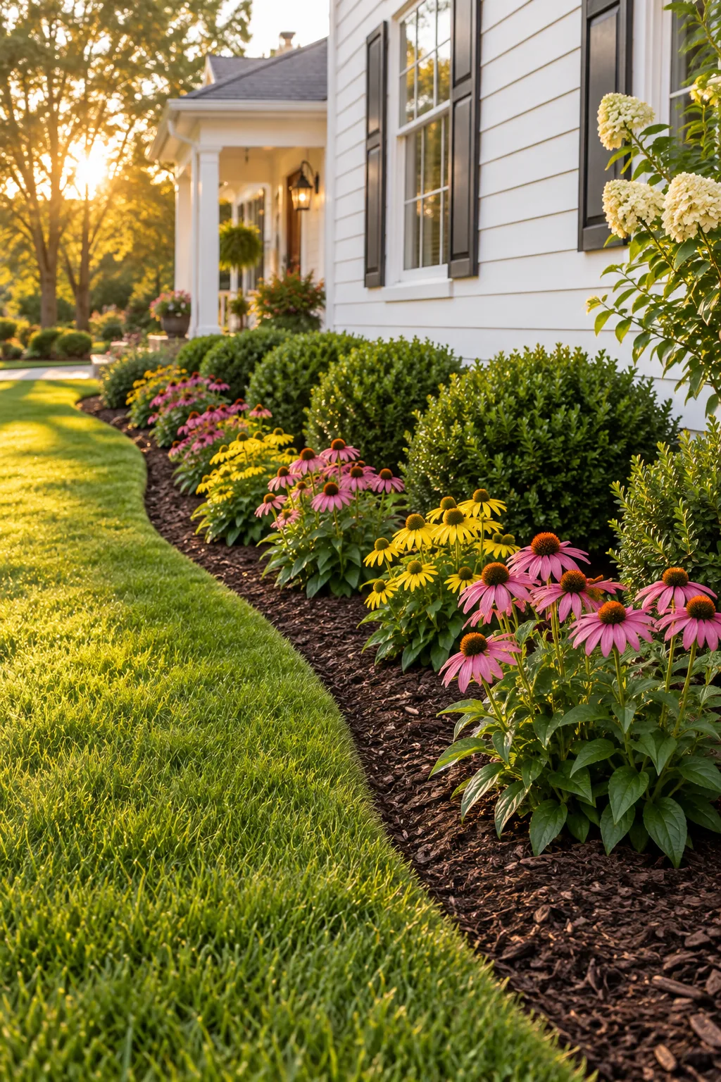 A well-maintained flower bed glowing in late afternoon sunlight.