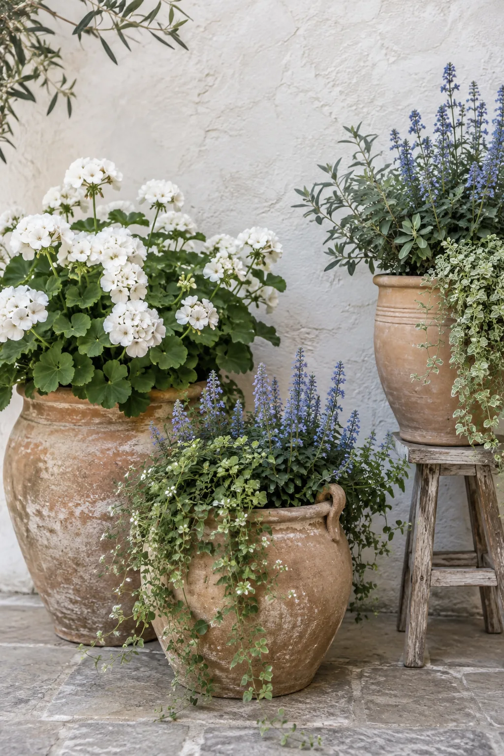 Three terracotta pots filled with bright pink and yellow flowers on a concrete patio
