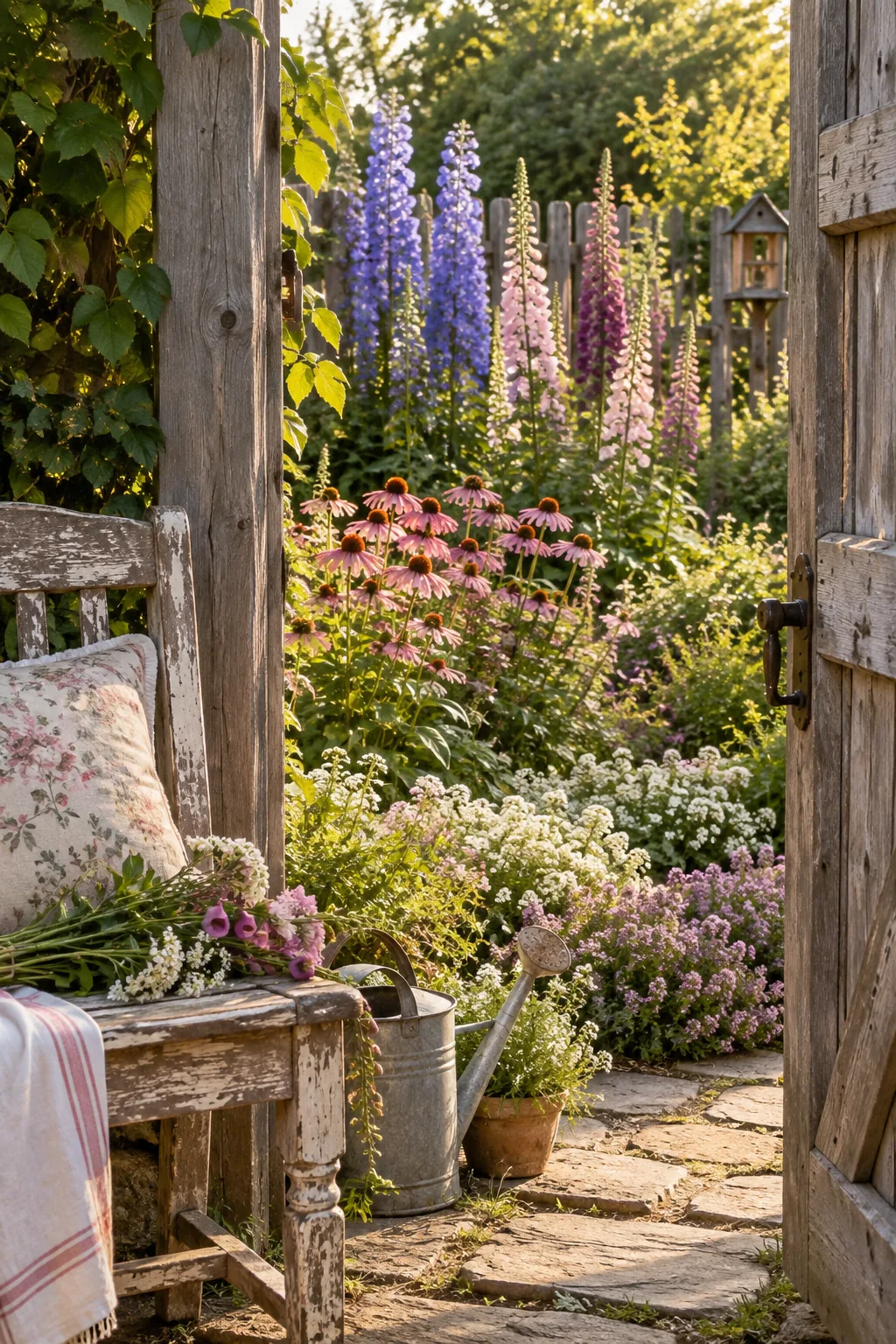 A garden bed against a wooden fence with tall sunflowers in back and short daisies in front