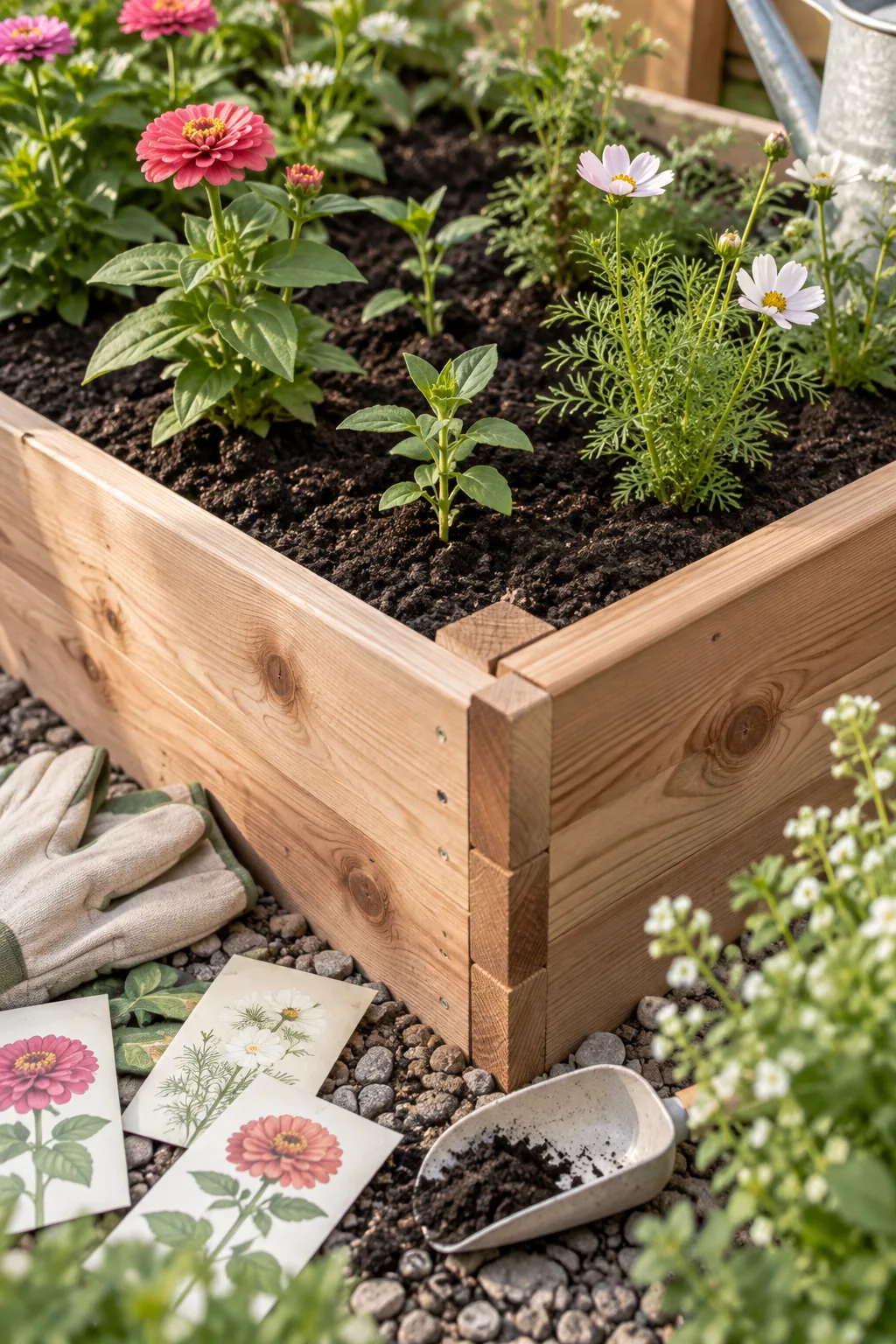 A wooden raised garden bed overflowing with colorful zinnias and cosmos