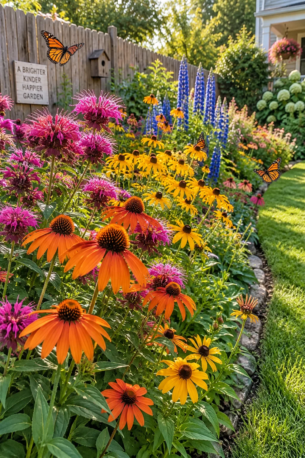 A messy but beautiful border of purple and yellow native wildflowers