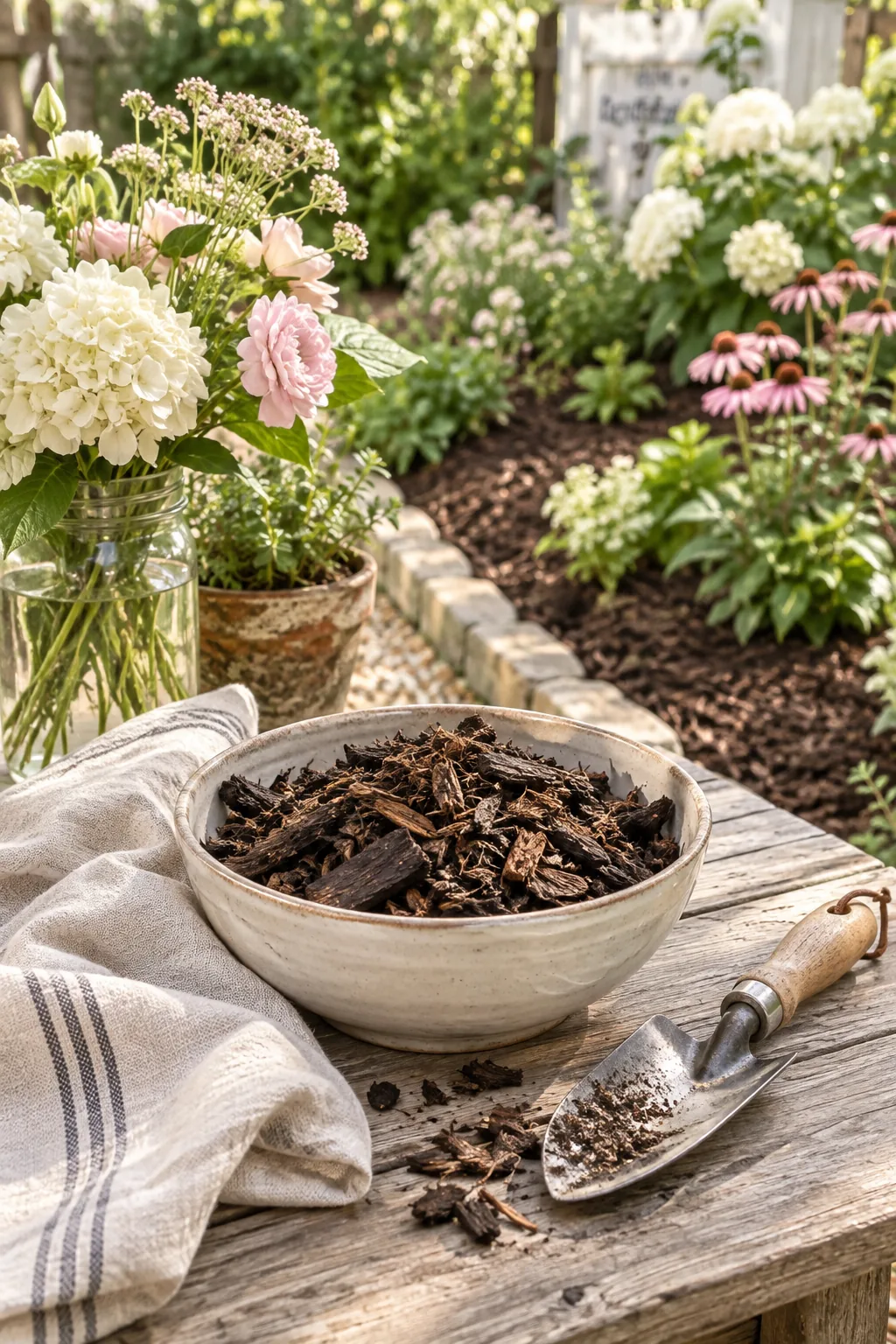 A flower bed with dark brown mulch surrounding bright green hostas