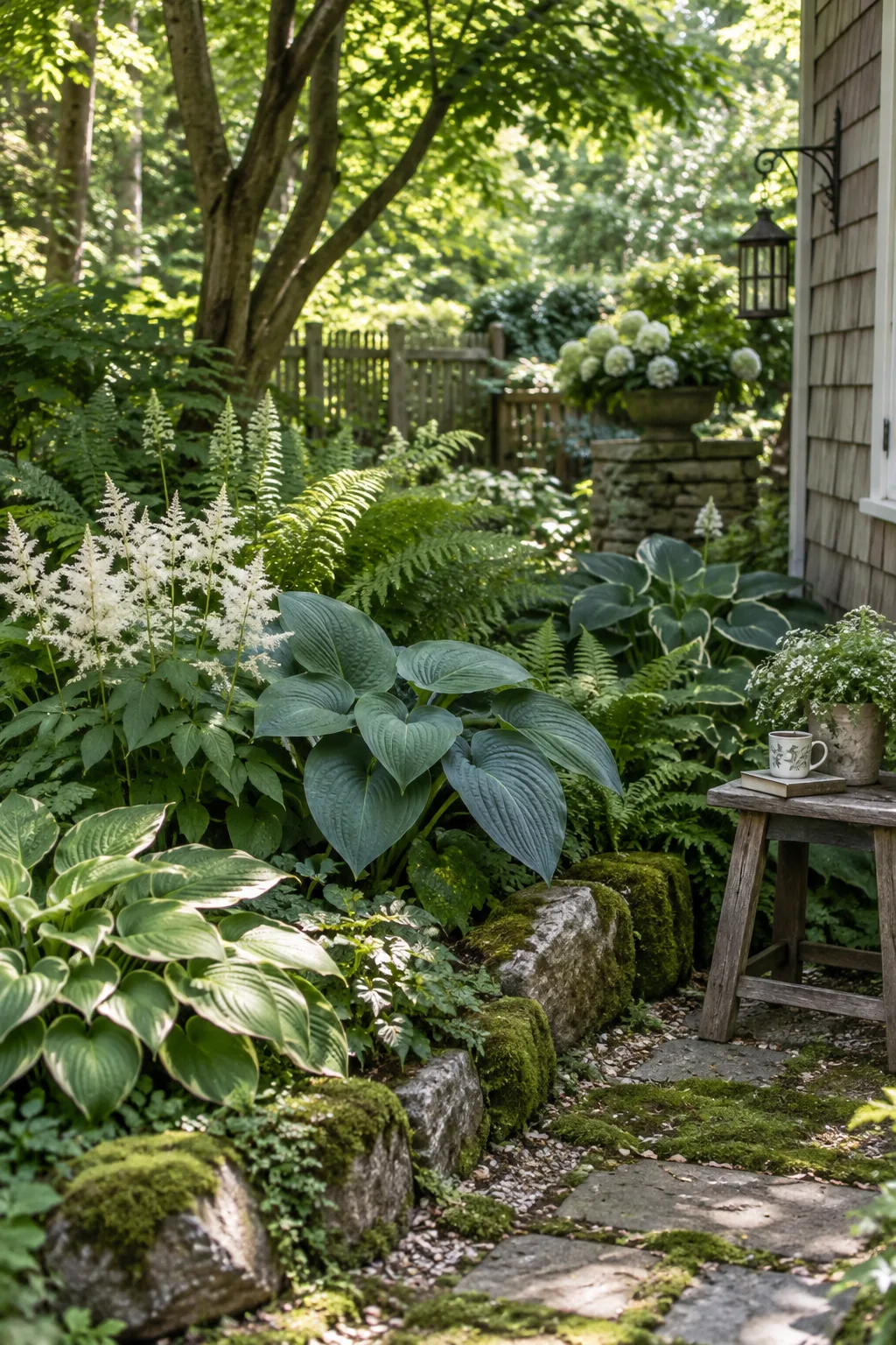 A shady garden corner filled with large leafy hostas and delicate ferns