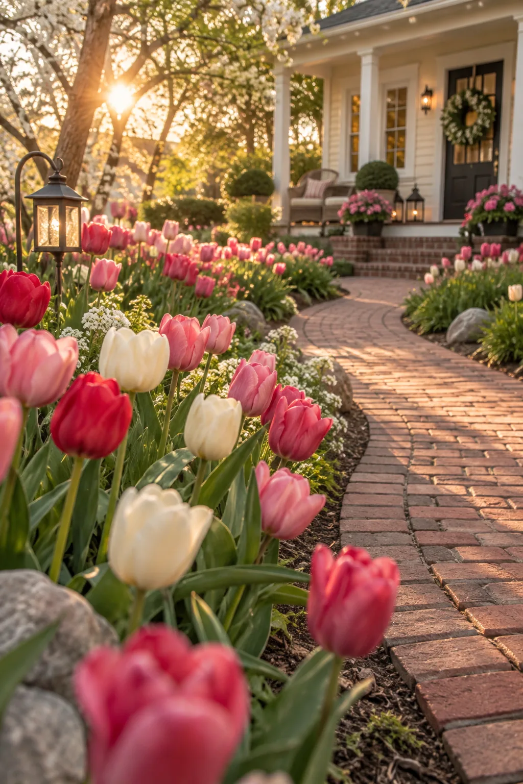 A natural looking cluster of red and yellow tulips blooming together