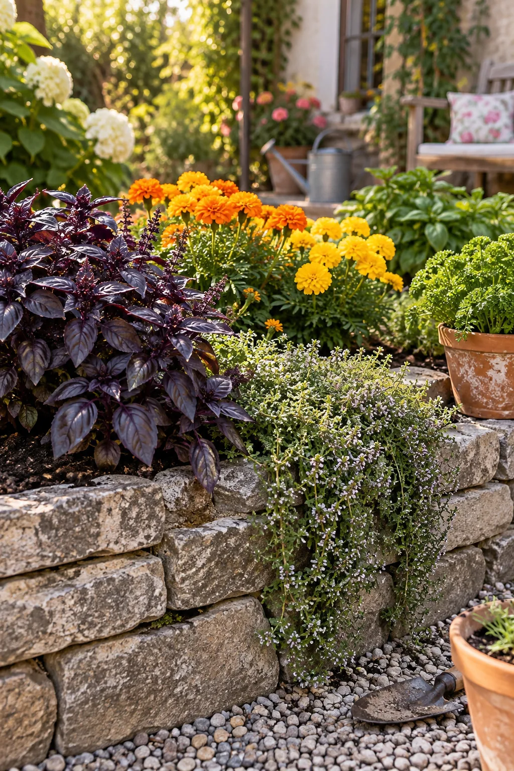 Purple basil and marigolds growing together behind a stone border