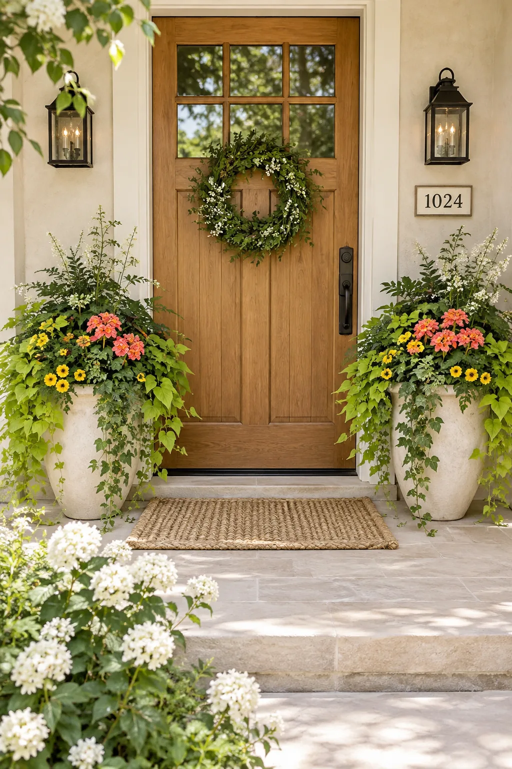 Two large black planters filled with trailing vines and pink flowers next to a front door