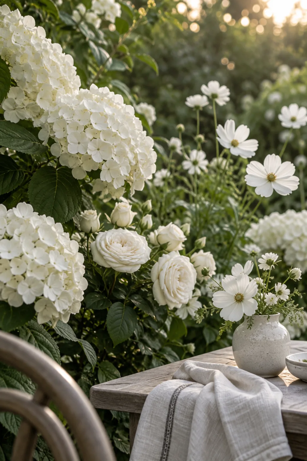 A garden bed filled entirely with white hydrangea and white daisies