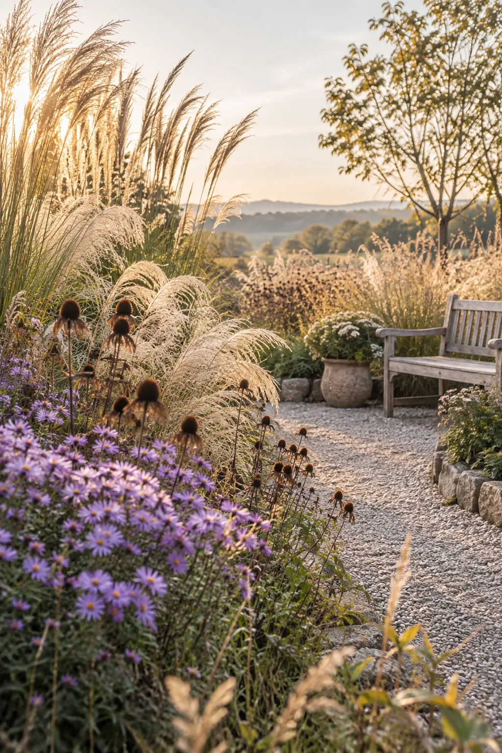 Tall feathery ornamental grasses blowing in the wind next to purple cone flowers