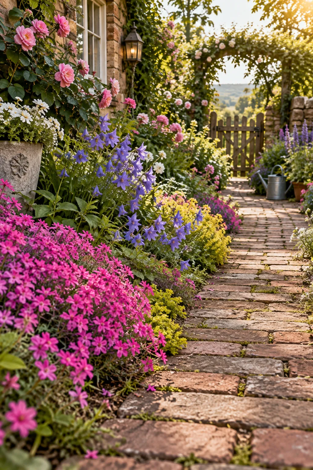 Purple creeping thyme spilling over a brick garden pathway