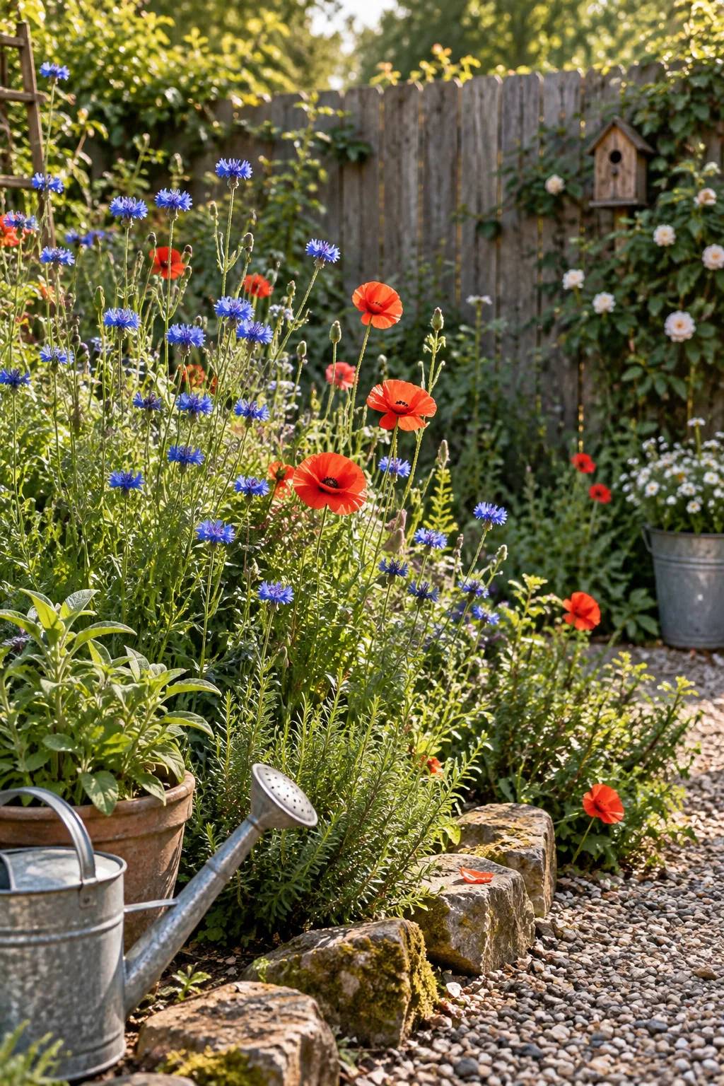 Blue bachelor's buttons and red poppies growing wildly in a garden bed