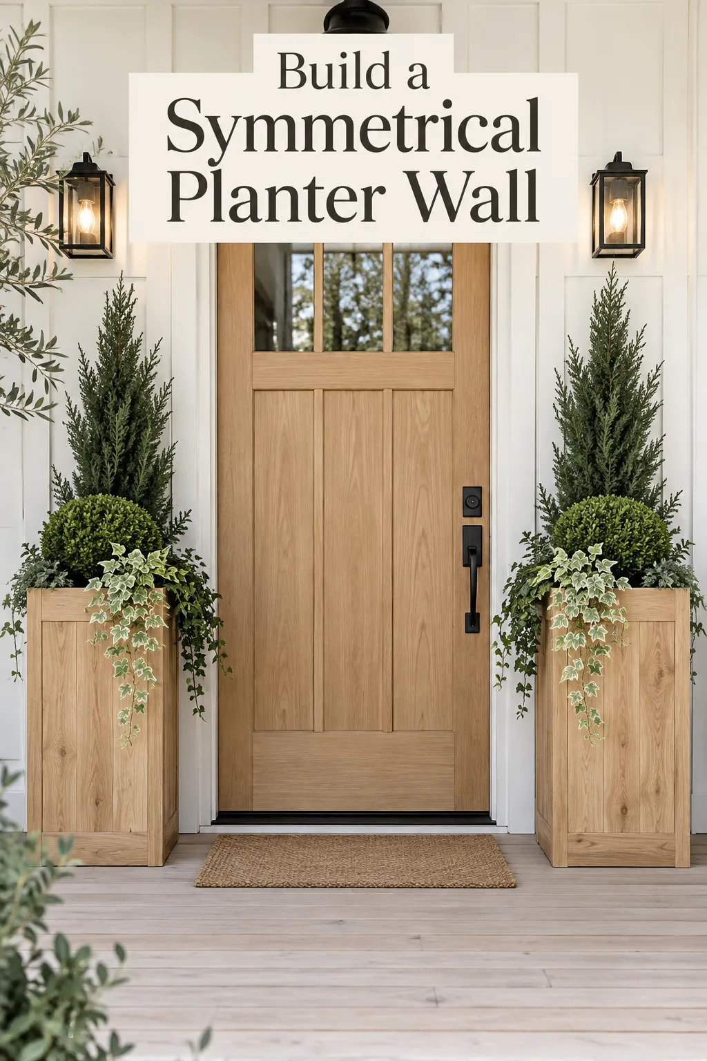 Two tall wooden planters flanking a black front door on a wooden deck