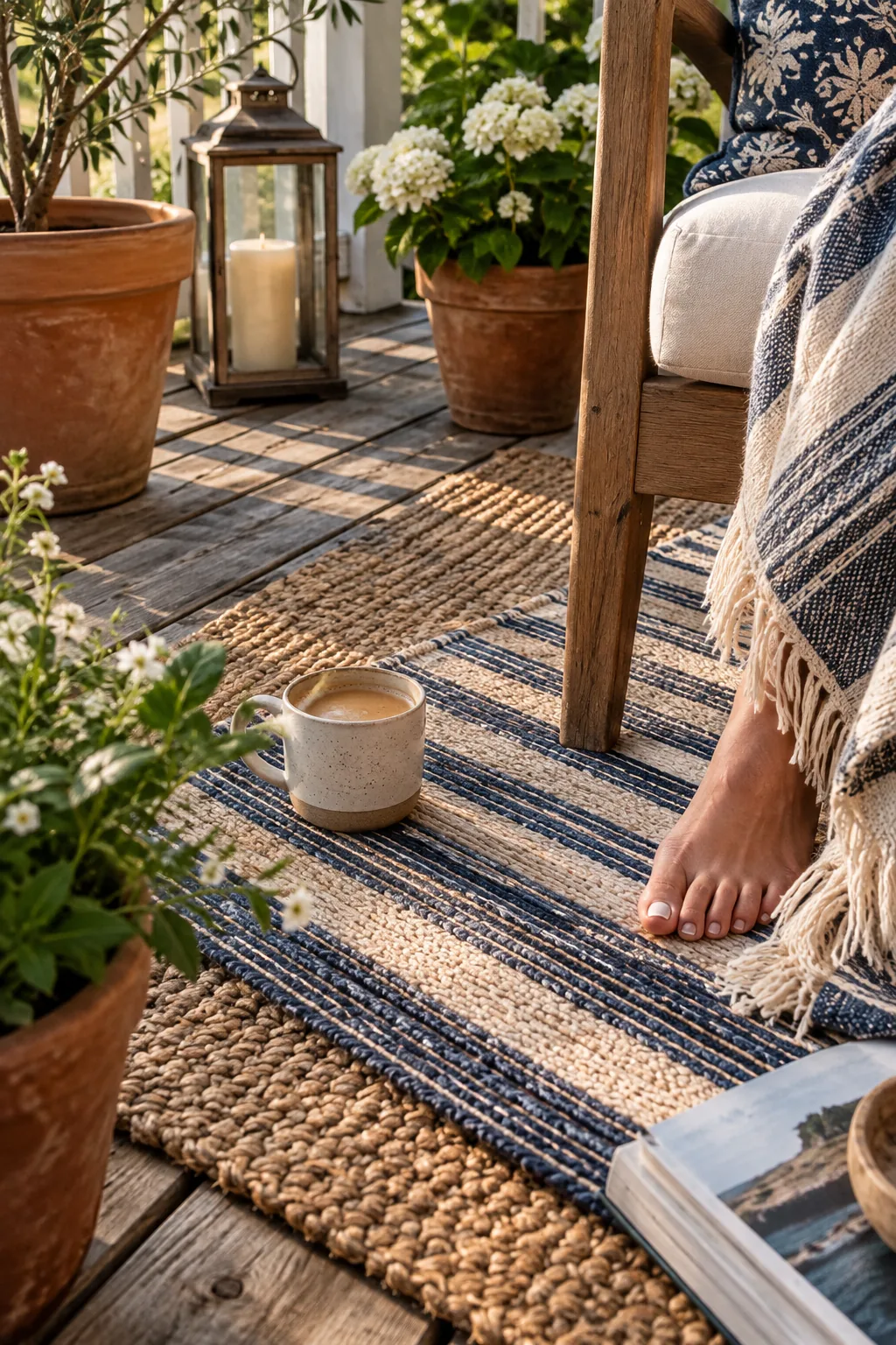 A striped outdoor rug layered under a patterned welcome mat on a deck