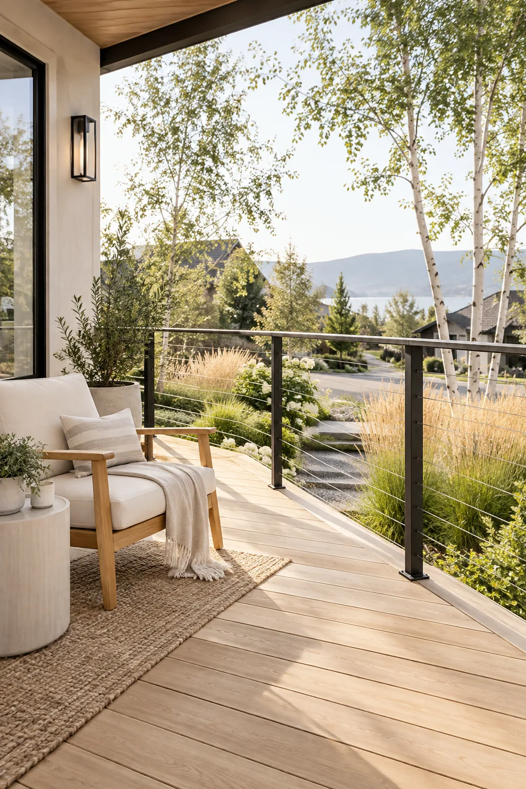 Modern stainless steel wire railings on a wooden front deck