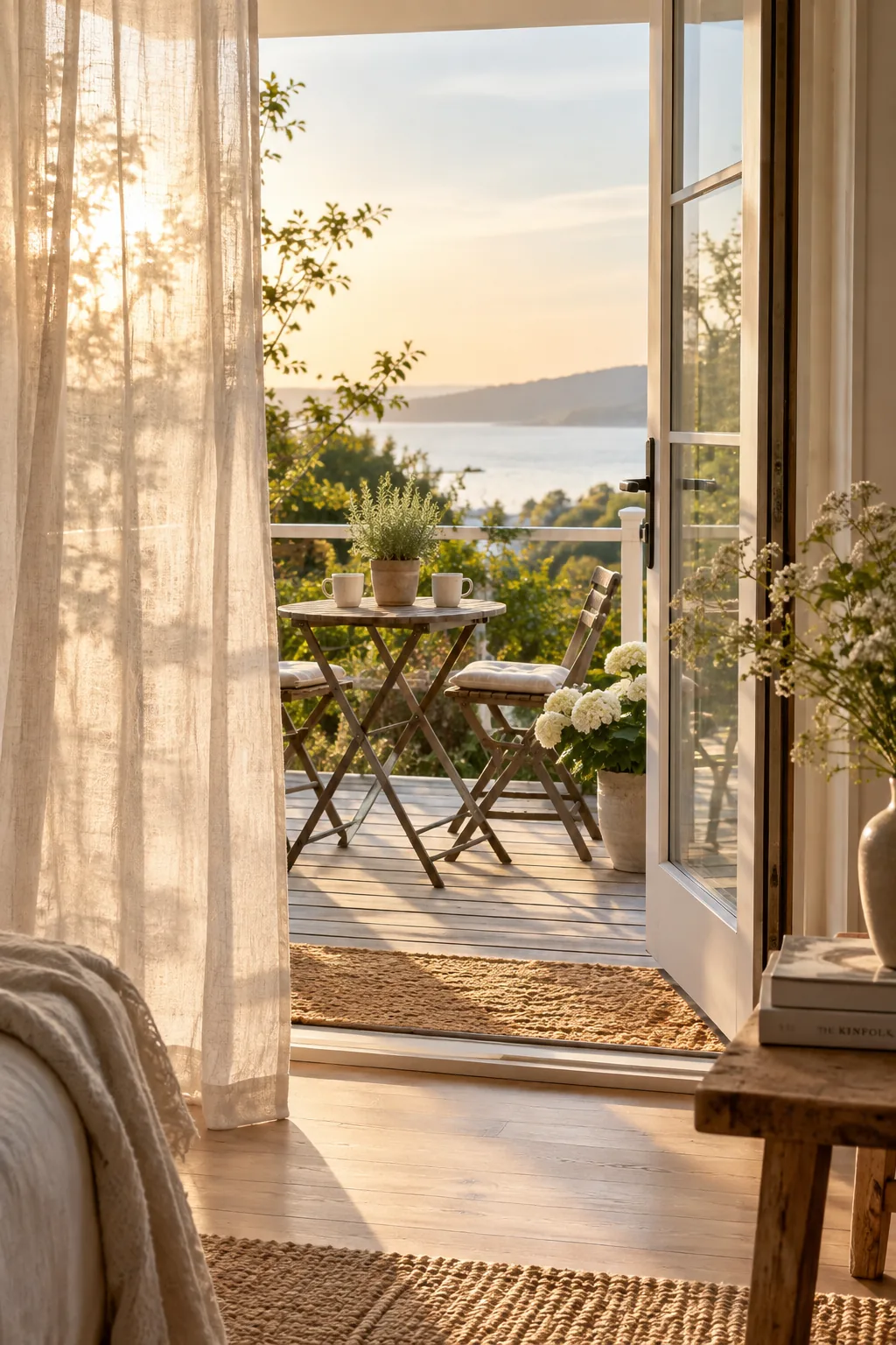 Two teak folding chairs and a small table on a front porch