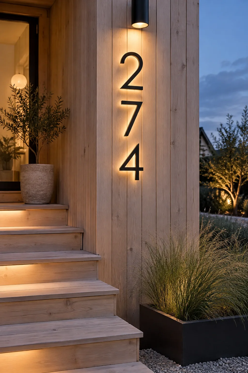 Large vertical metal house numbers mounted next to a front door