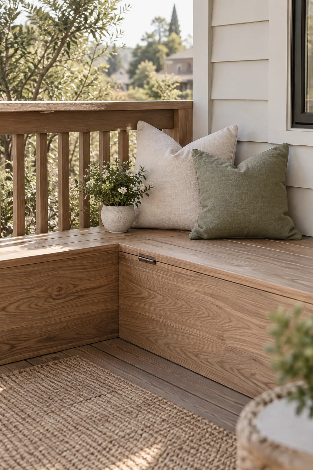 A wooden bench built into the corner of a deck with outdoor pillows