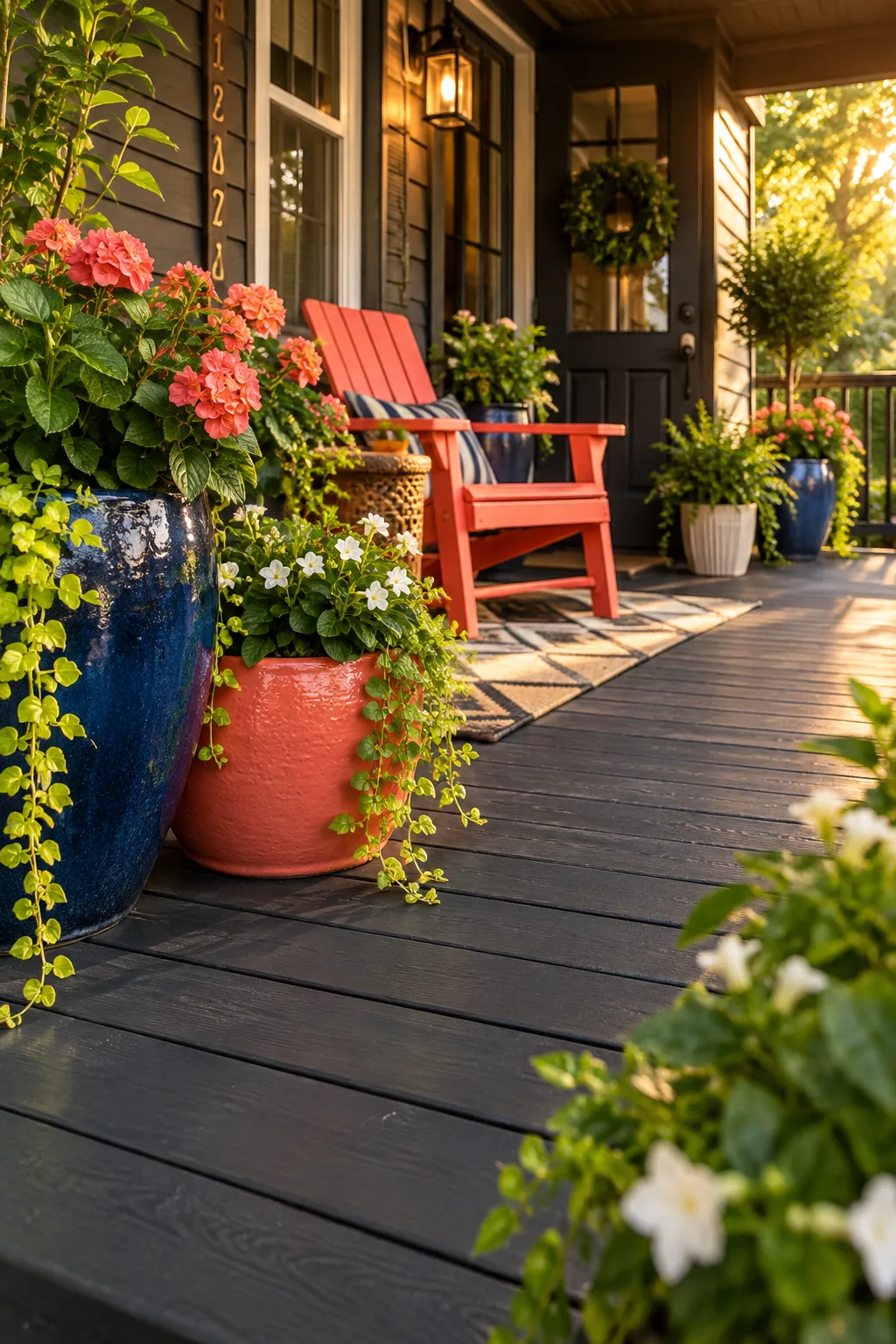 A front deck painted in a dark charcoal solid stain