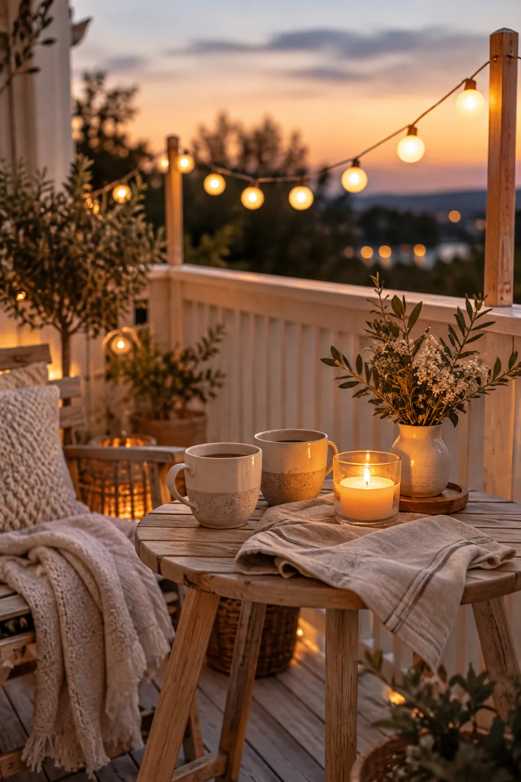 Globe string lights hanging over a wooden front deck at dusk
