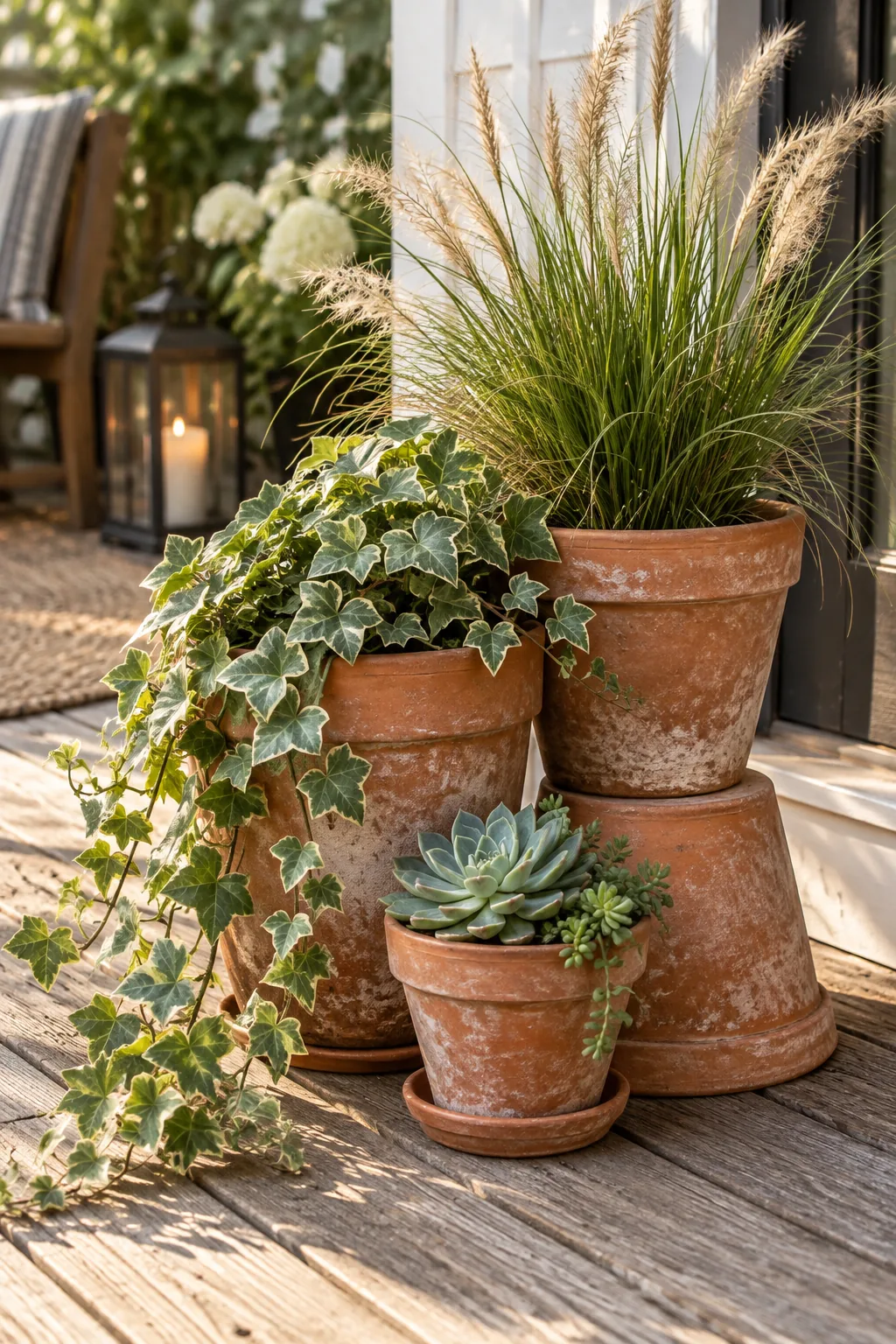 Three terracotta pots of varying heights filled with plants on a deck