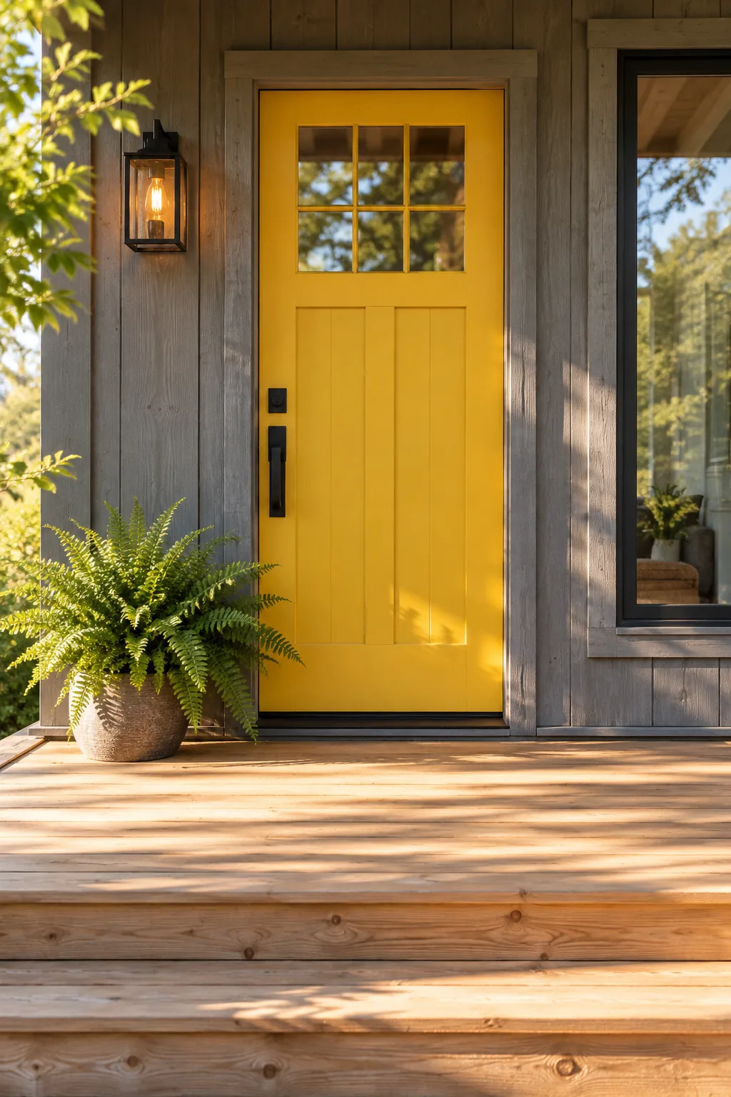 A bright mustard yellow front door on a wooden deck