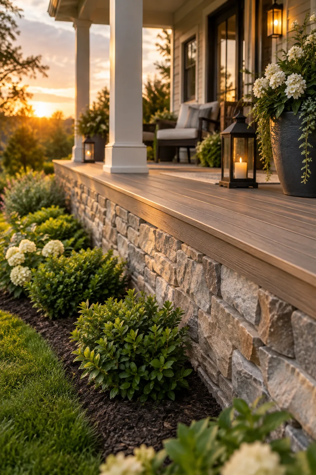 Faux stone skirting wrapping around the base of a front deck