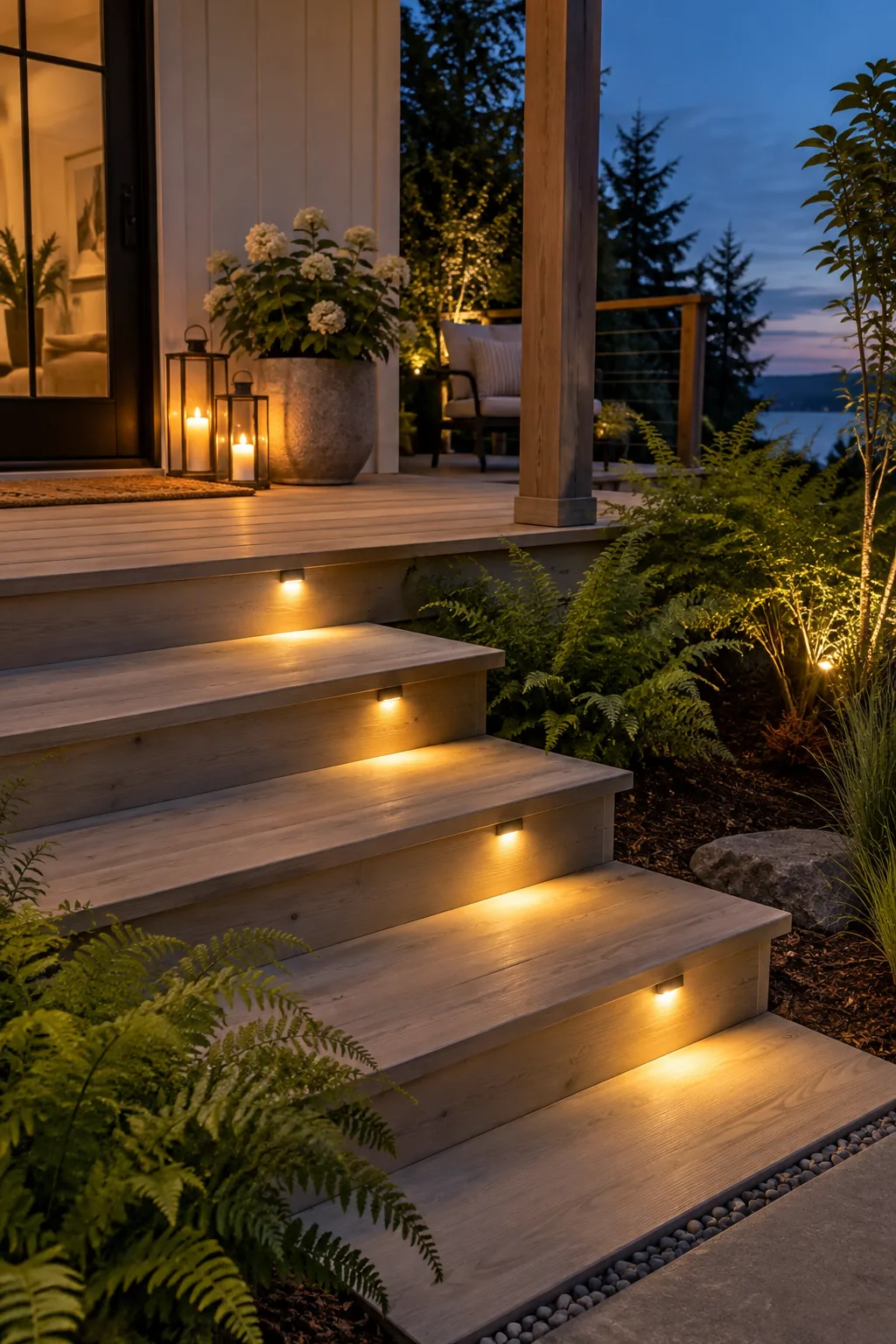 Small LED lights recessed into the risers of wooden deck stairs