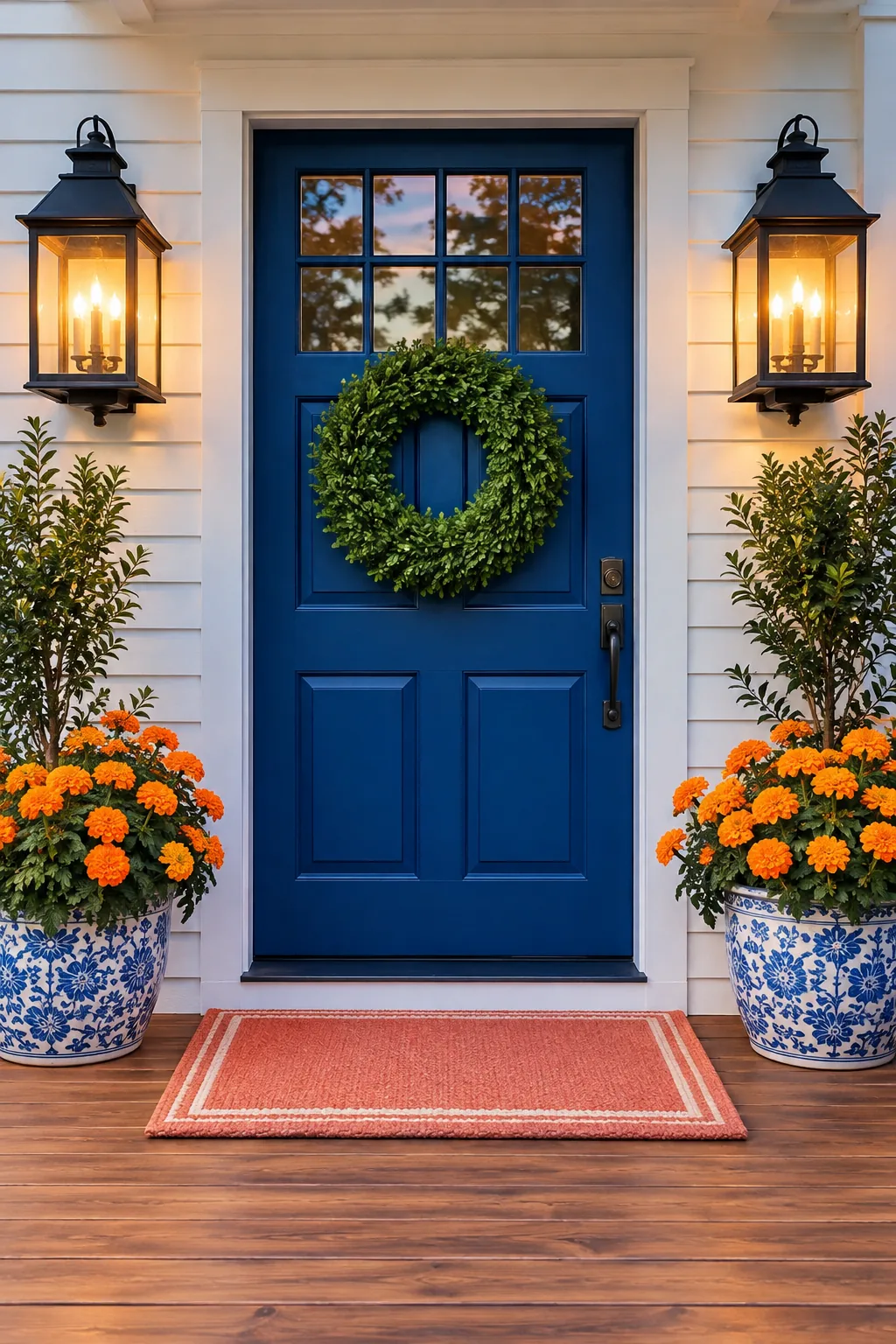 Two large black lanterns mounted on either side of a front door