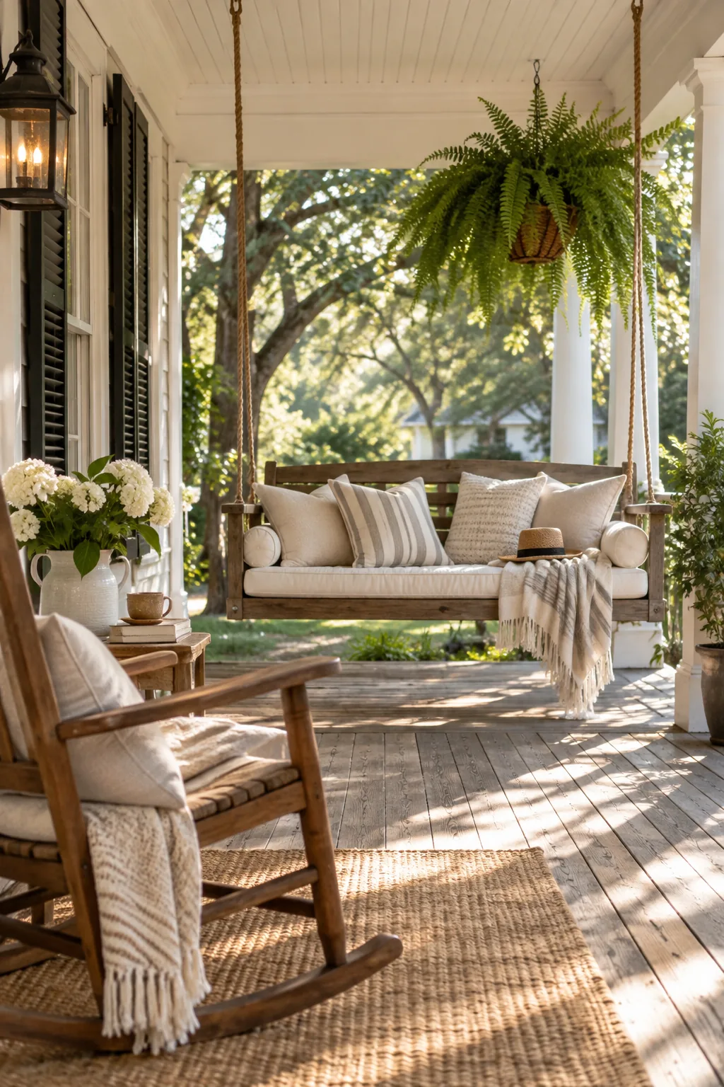 A wooden porch swing with neutral linen cushions on a deck