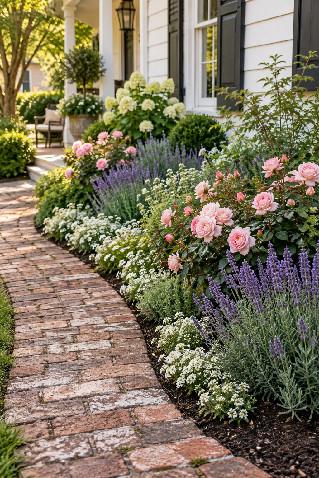 A cottage-style front yard flower bed with pink roses and lavender next to a brick path.