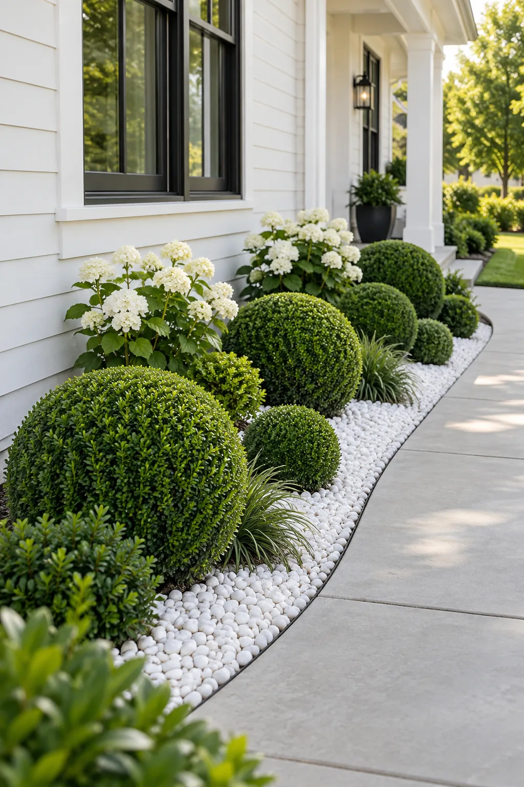 A modern minimalist garden bed with round boxwood shrubs and white gravel next to a concrete path.