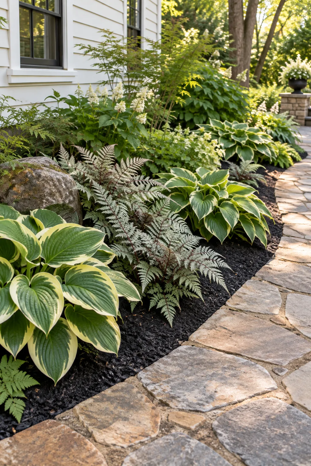 A woodland shade garden bed filled with large hostas and ferns next to a flagstone path.