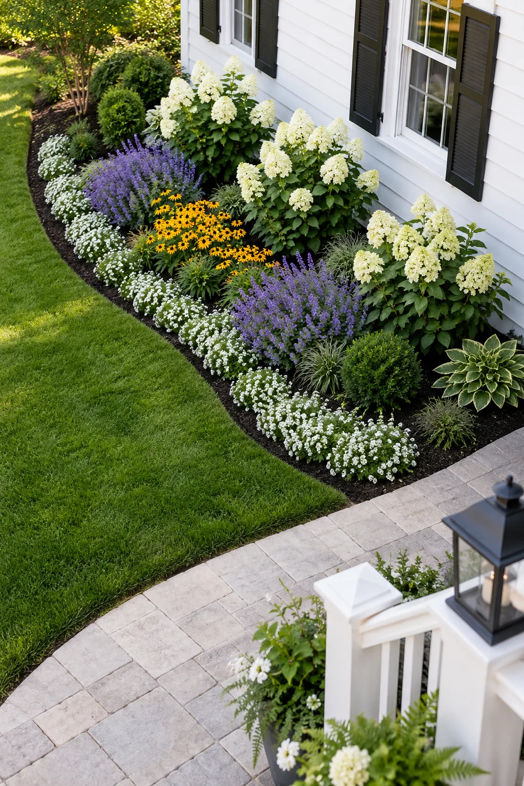 An elevated view of a curved flower bed showing the deep five-foot spacing between the house siding and the front edge.