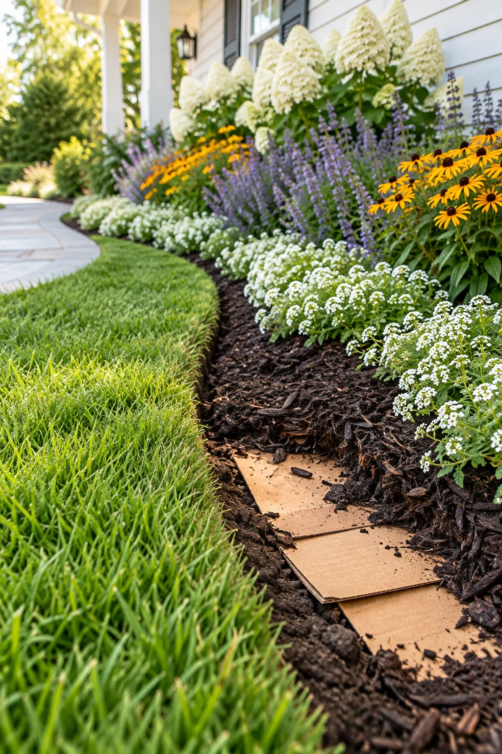 Close-up of a garden bed corner showing brown cardboard layered under dark compost next to green lawn grass.