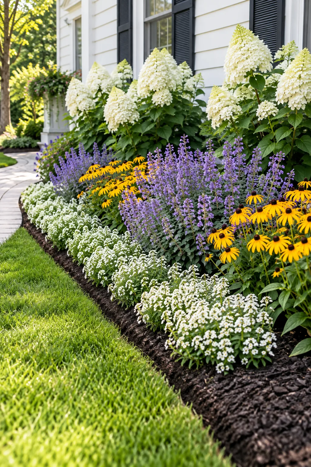 A low-angle view of a sharp, deep trench edge separating a green lawn from a dark mulched garden bed.