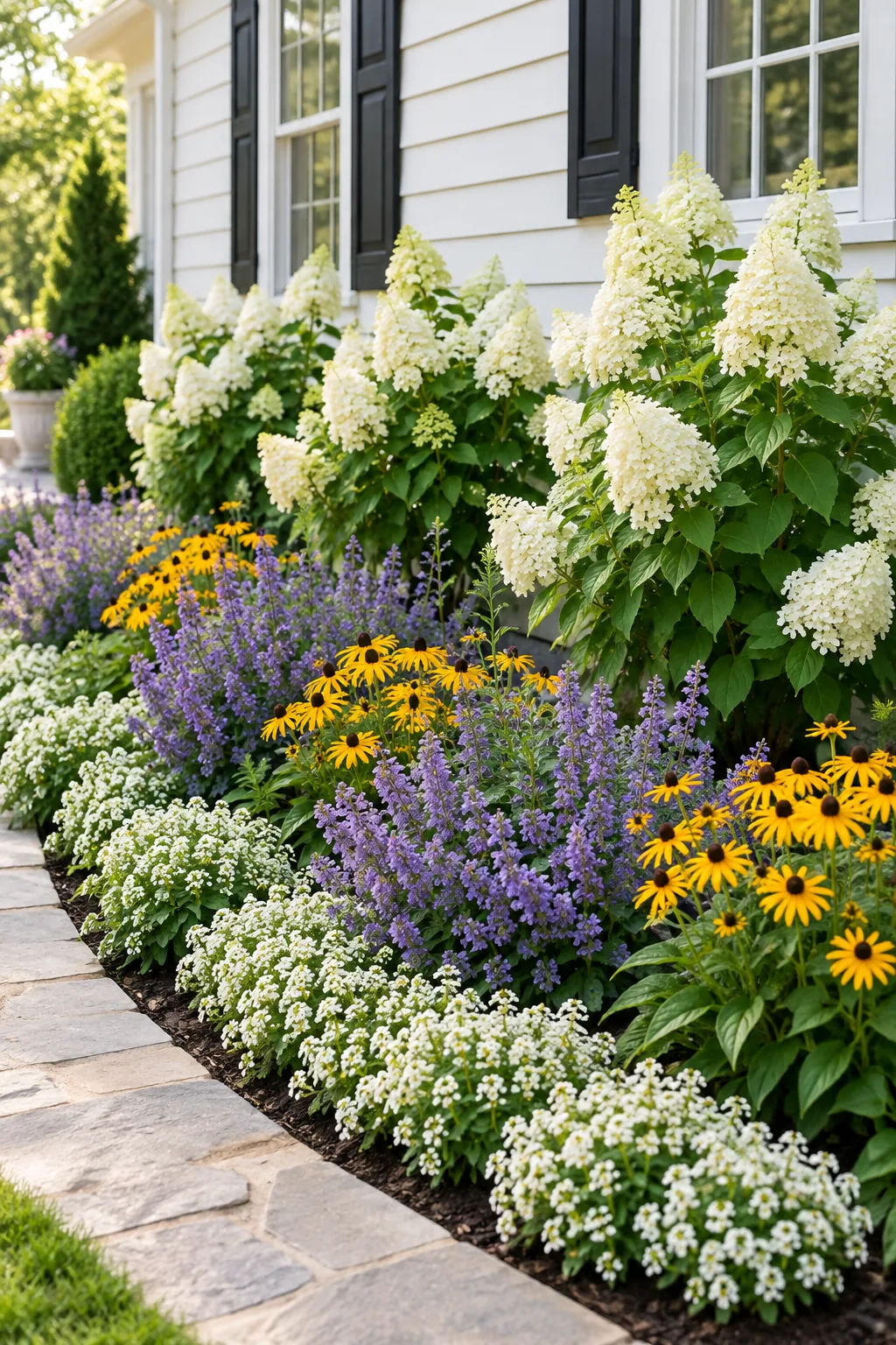Three blooming white dwarf panicle hydrangeas planted in a row against a white house.