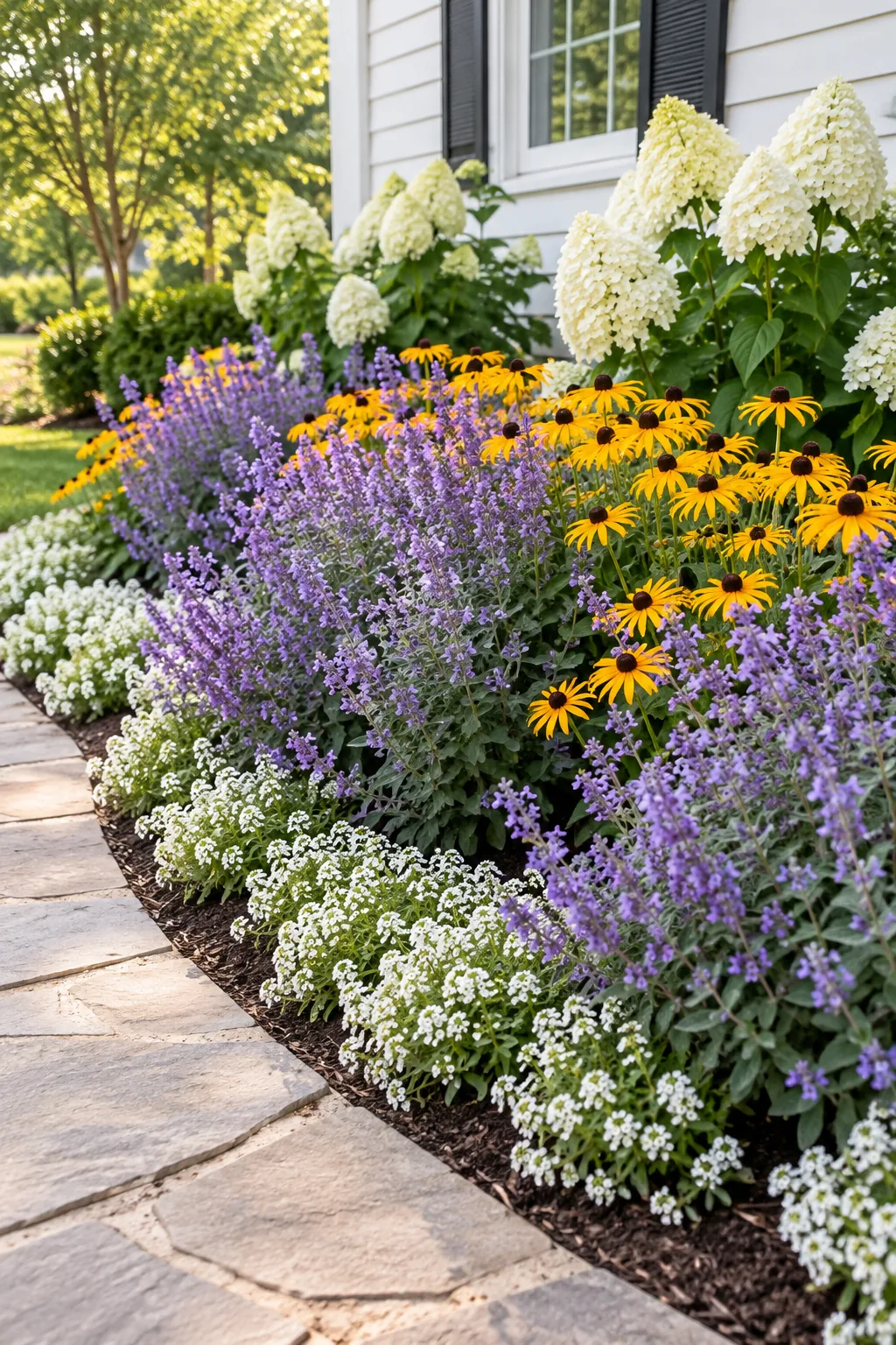 A close view of purple catmint and yellow black-eyed Susans blooming together in a garden bed.