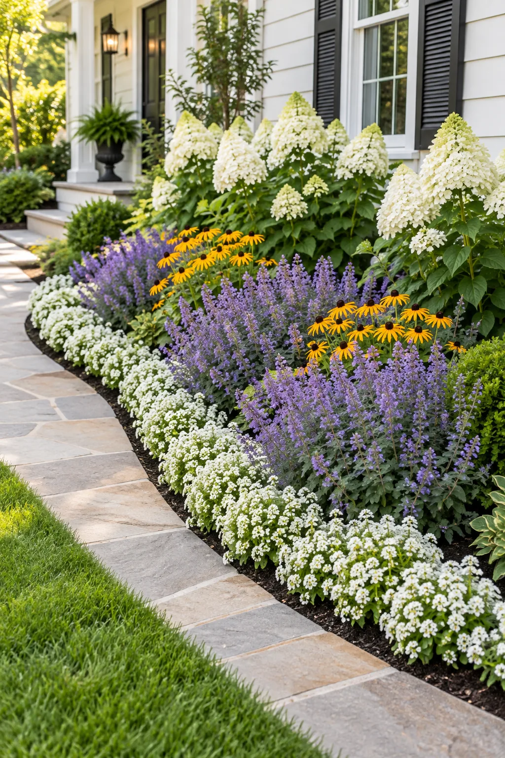 A thick border of white sweet alyssum flowers growing along the front edge of a mulched garden bed.