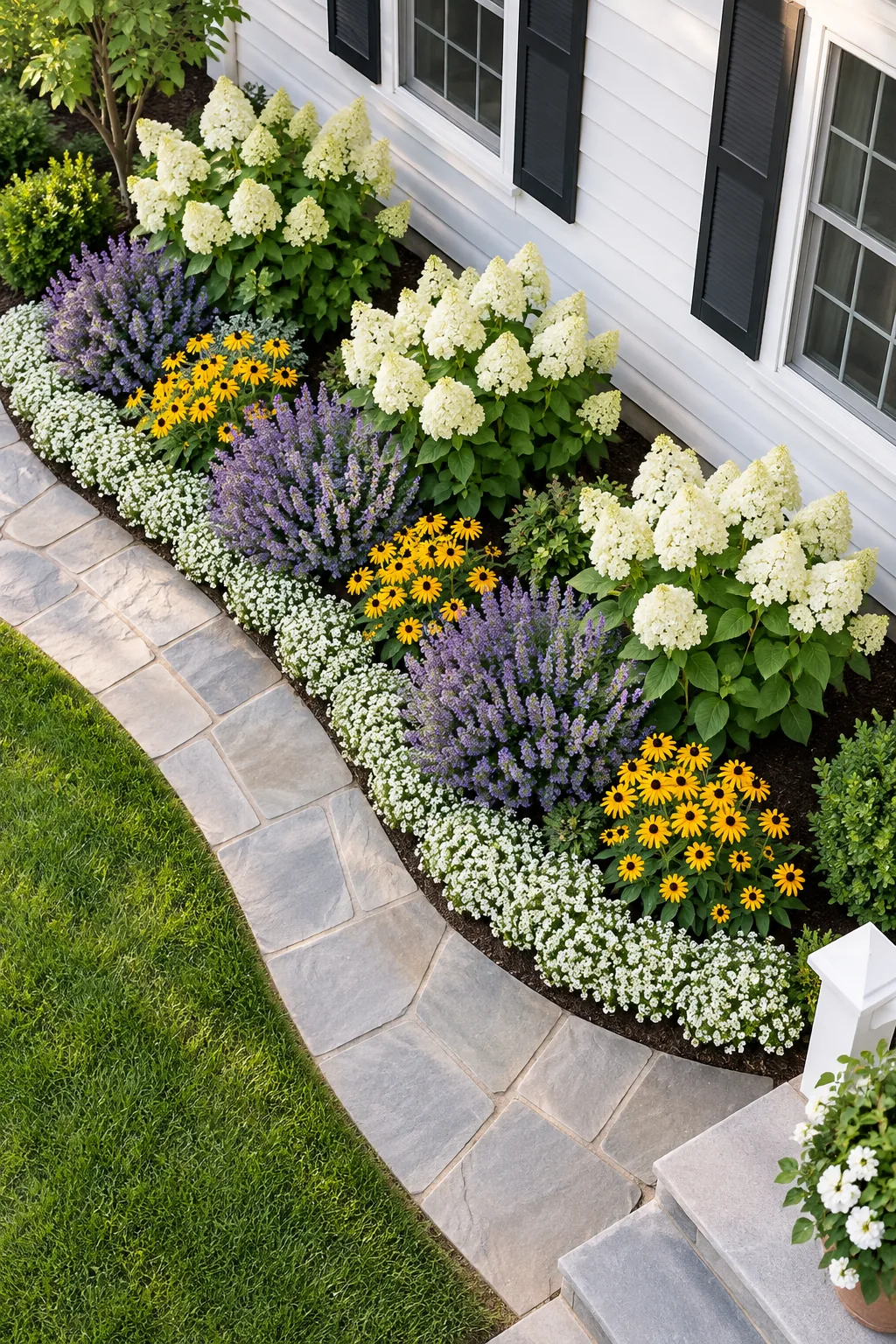 Tidy, rounded catmint plants covered in purple flowers in a well-maintained garden bed.