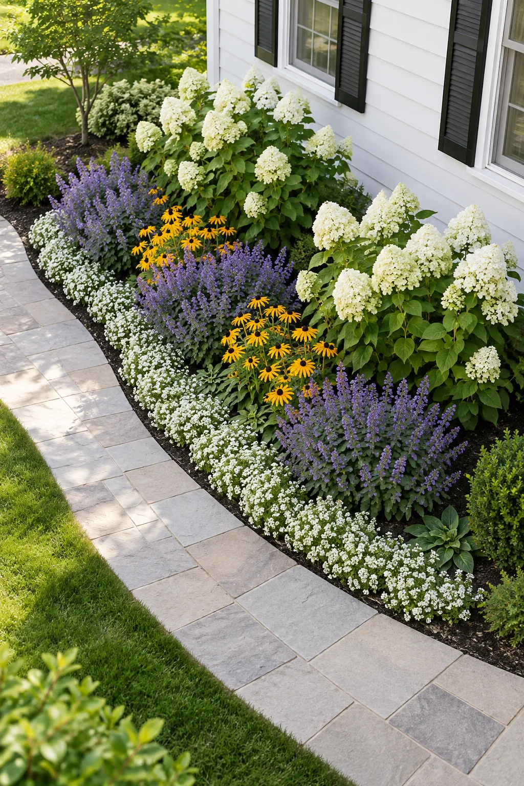 An overhead view of a fully planted 5x12 foot curved flower bed showing distinct rows of blooming flowers.