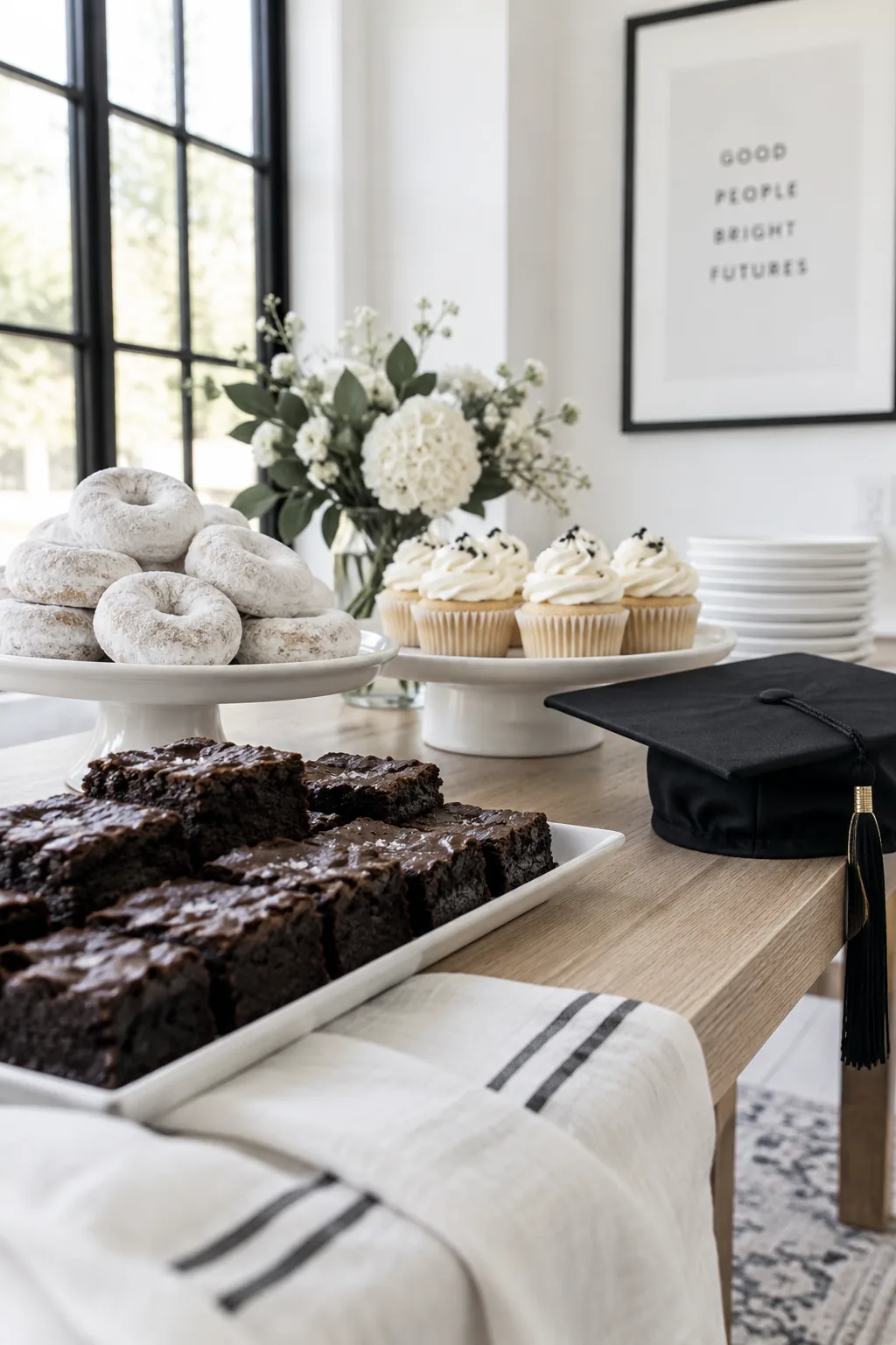 Black and white desserts arranged on clean white platters for a graduation party