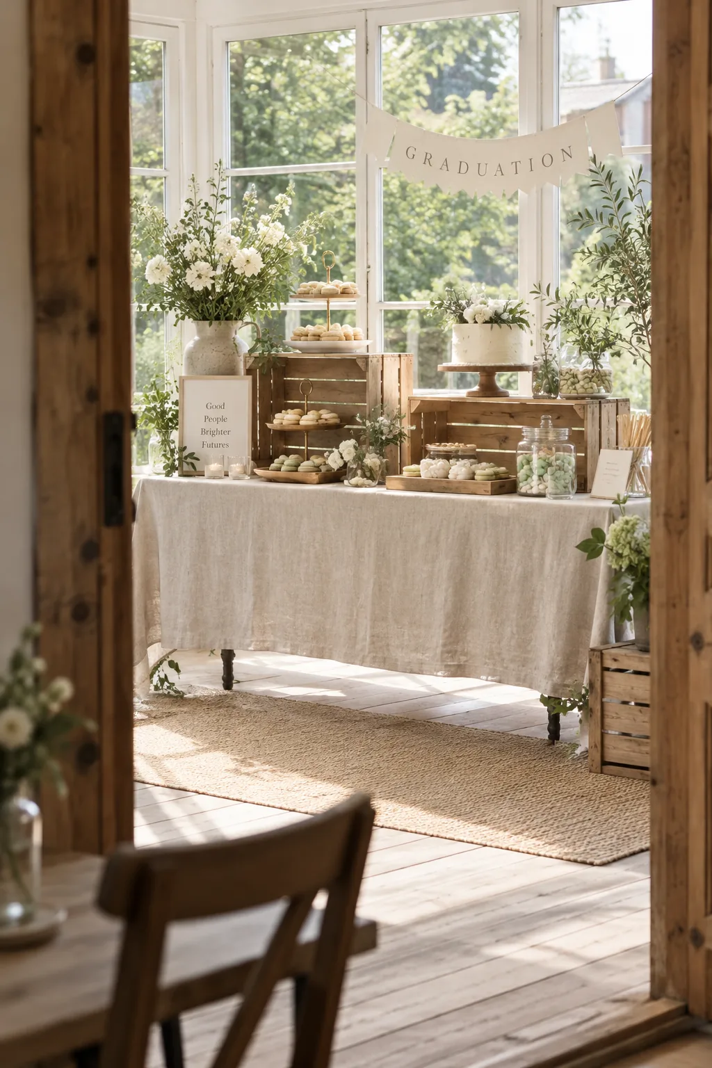 Wooden crates stacked on a dessert table holding various graduation treats