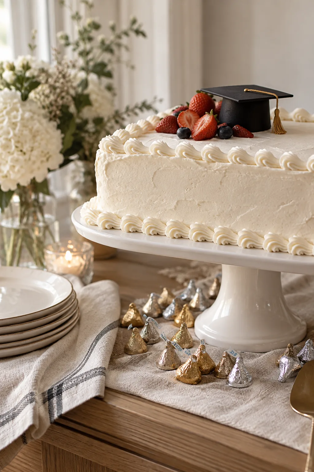 A simple sheet cake elevated on a tall white cake stand with chocolates around the base