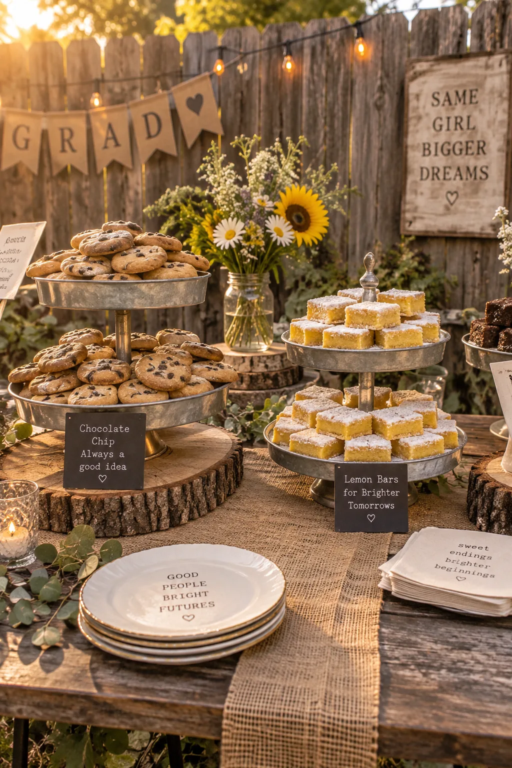 Galvanized metal stands and wood slices holding cookies on a rustic dessert table