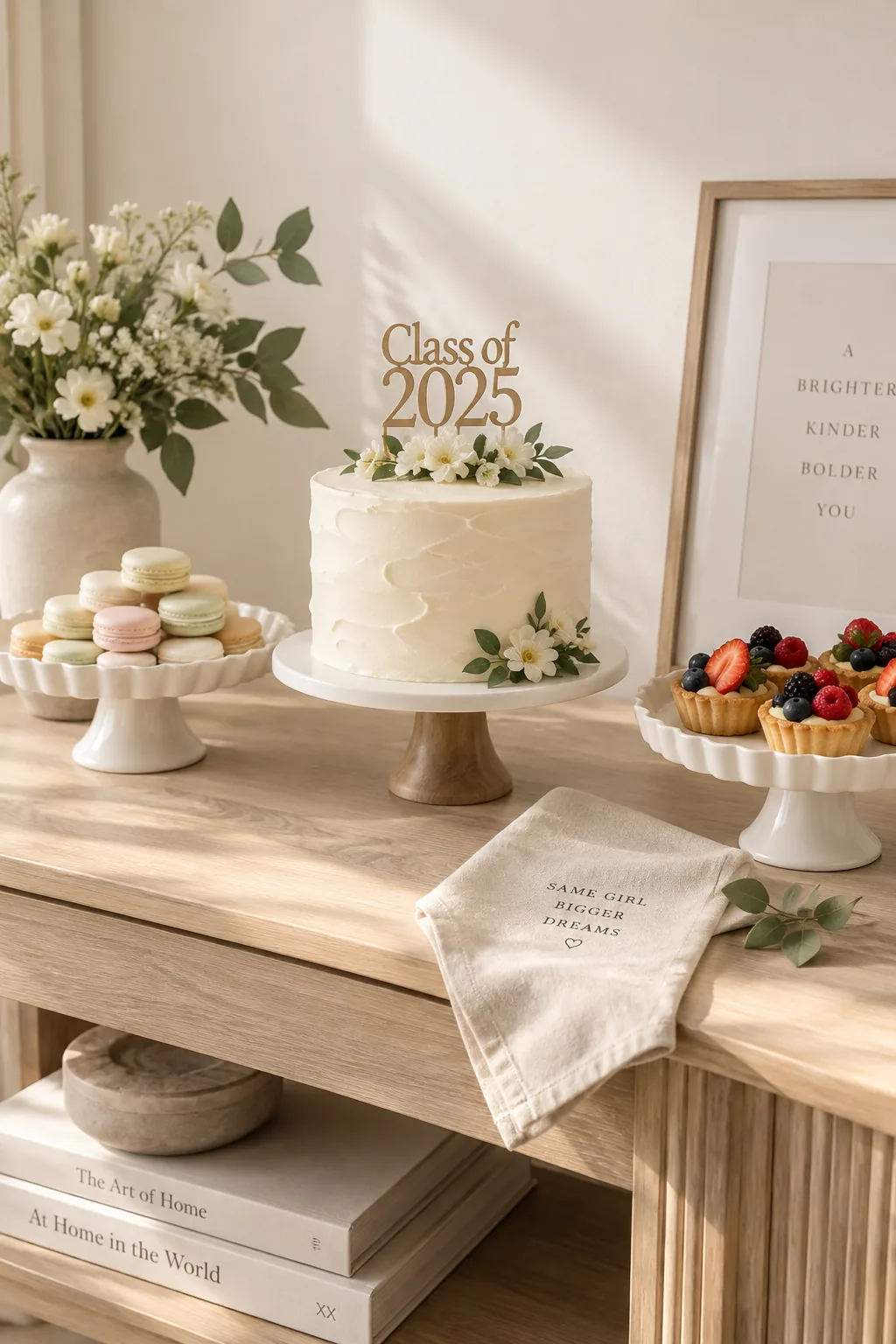 Three beautifully styled desserts on a clean graduation table setup