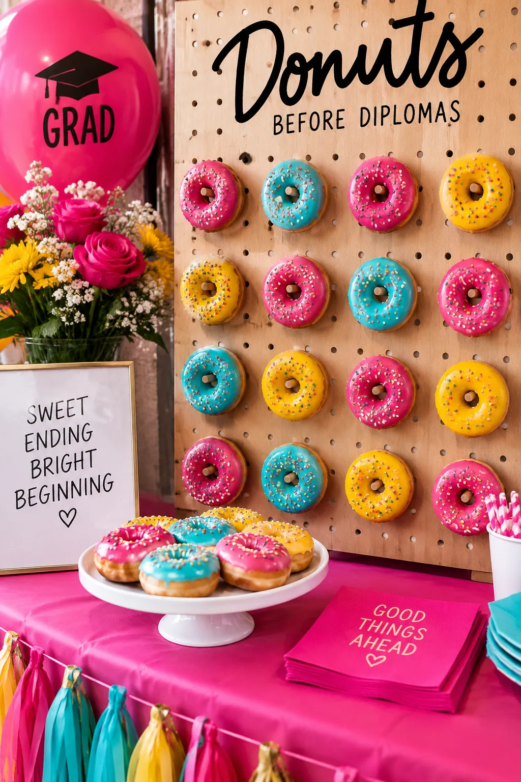A wooden pegboard wall filled with frosted donuts behind a dessert table